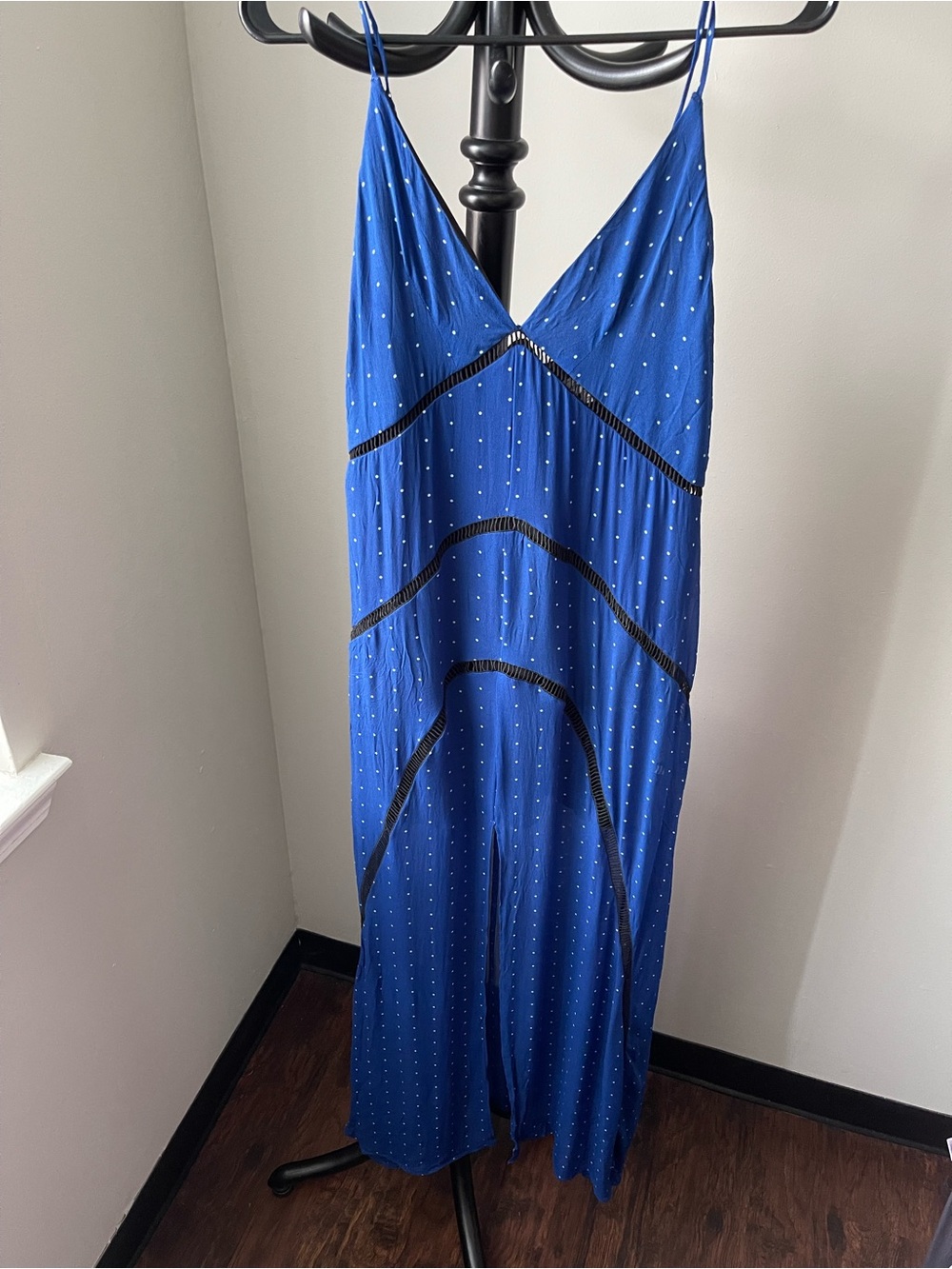 Karina Grimaldi Cobalt Blue Dress w/Black Lace Trim and White Dots open front XS